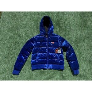 Forever 21 X Pony Edition Special Womens Blue Velvet Hooded Puffer Jacket Large